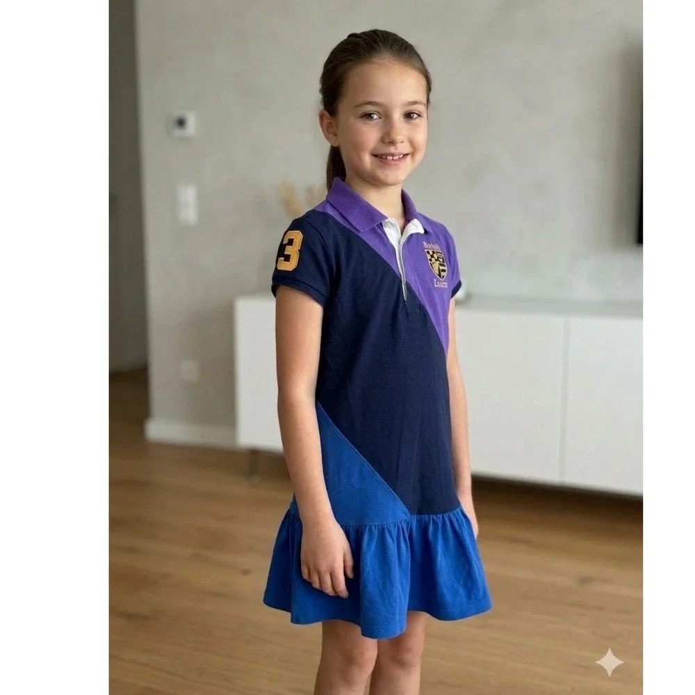 Polo Ralph Lauren Girls Sz L 10-12 Colorblock Rugby Polo Dress Navy Purple Blue